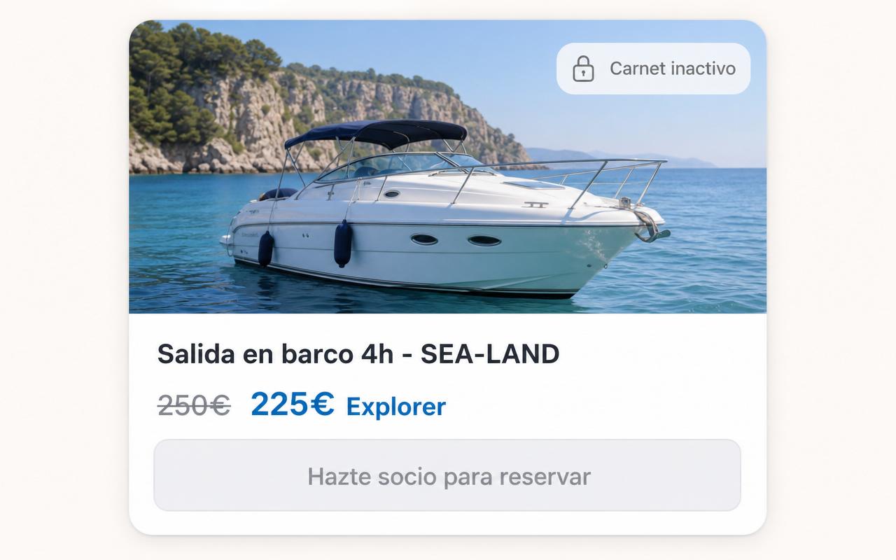 Vista del catálogo Explorer antes de activar la membresía: cada actividad muestra el precio original y el precio Explorer, con el carnet marcado como inactivo y el botón de reservar bloqueado.